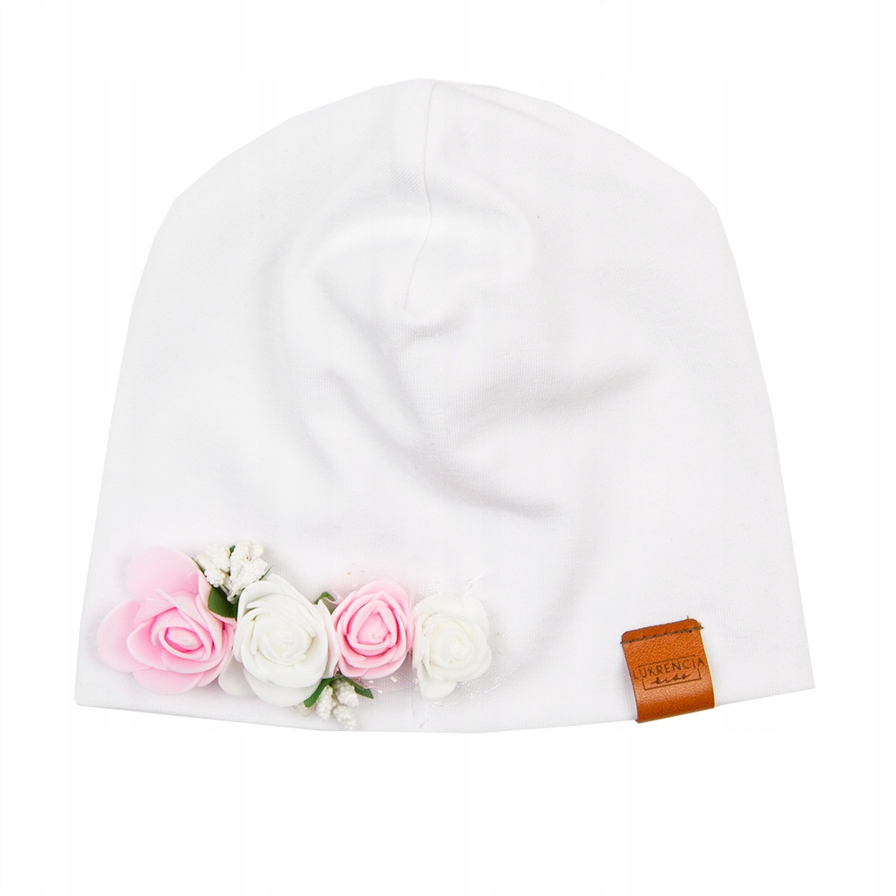 Czapka bawełniana do Chrztu z różowymi kwiatami biała 0-3m