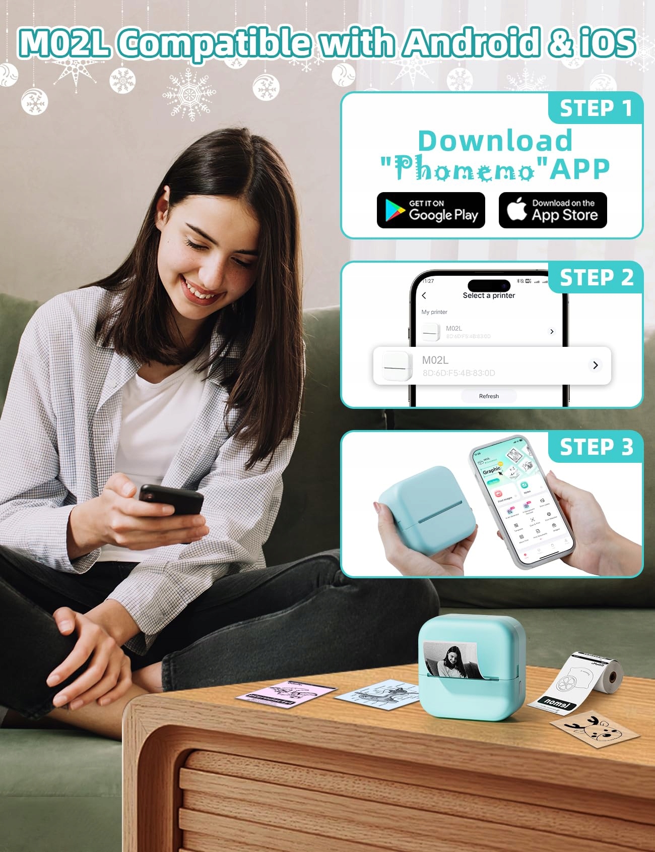 MEMOKING Mini Drukarka Bluetooth Termiczna Do Zdjęć i Notatek Zielona — miniatura 3