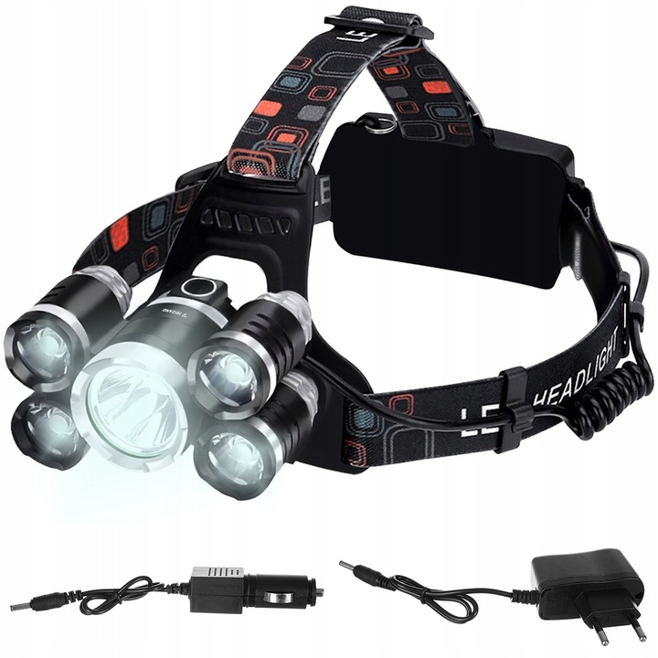 Mocna Latarka Czołowa Akumulatorowa 5x Led Cree XM-L T6 Czołówka Na Głowę