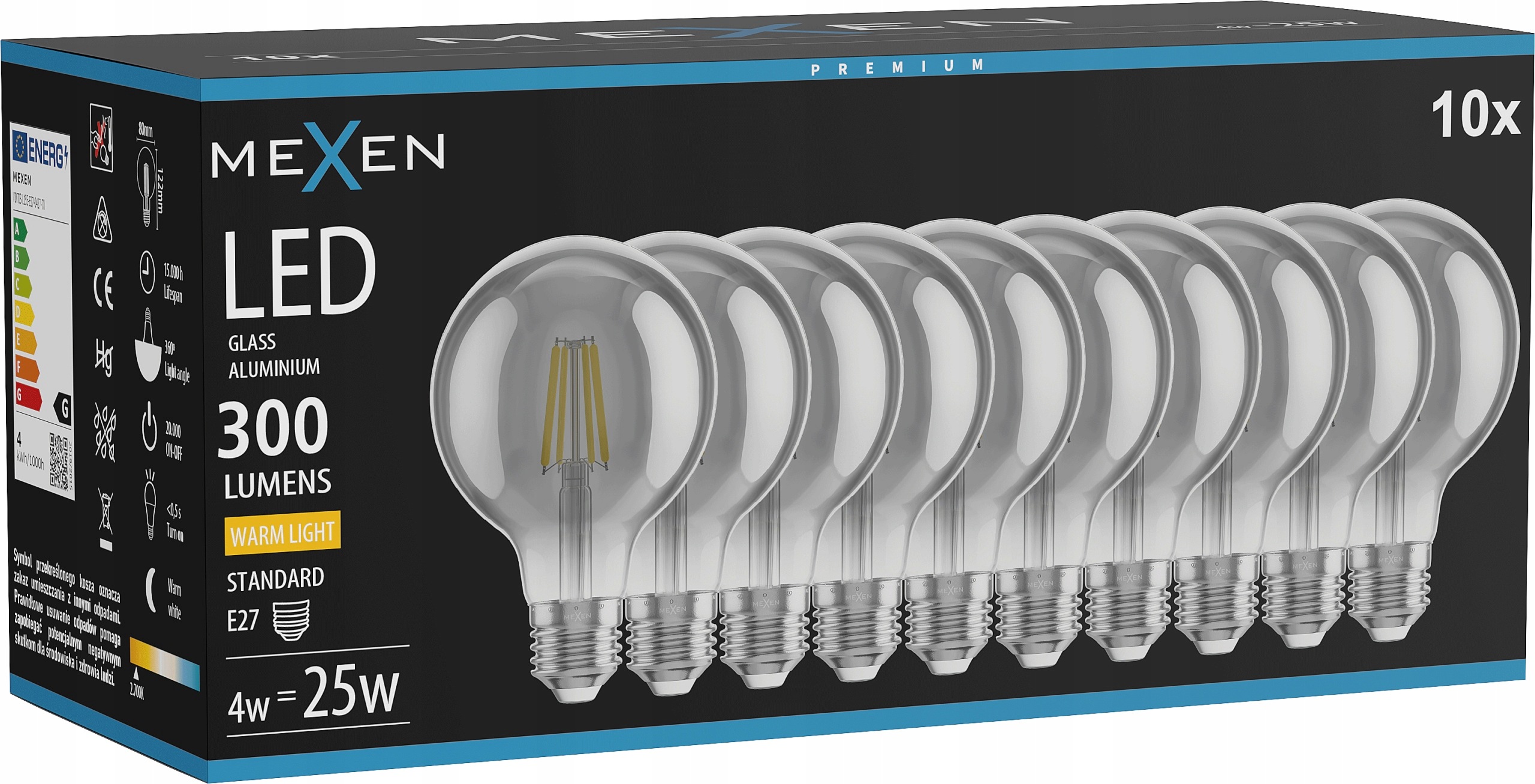 Mexen Vintis 10X Žárovka Filament Led E27 G80 4W Teplá 2700K 300 LM Kouřová