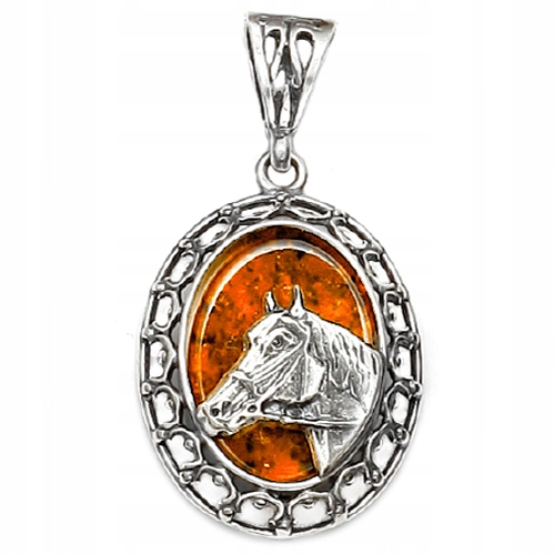 Stříbrný Kůň přívěsek s přírodním Jantarem stříbro 925