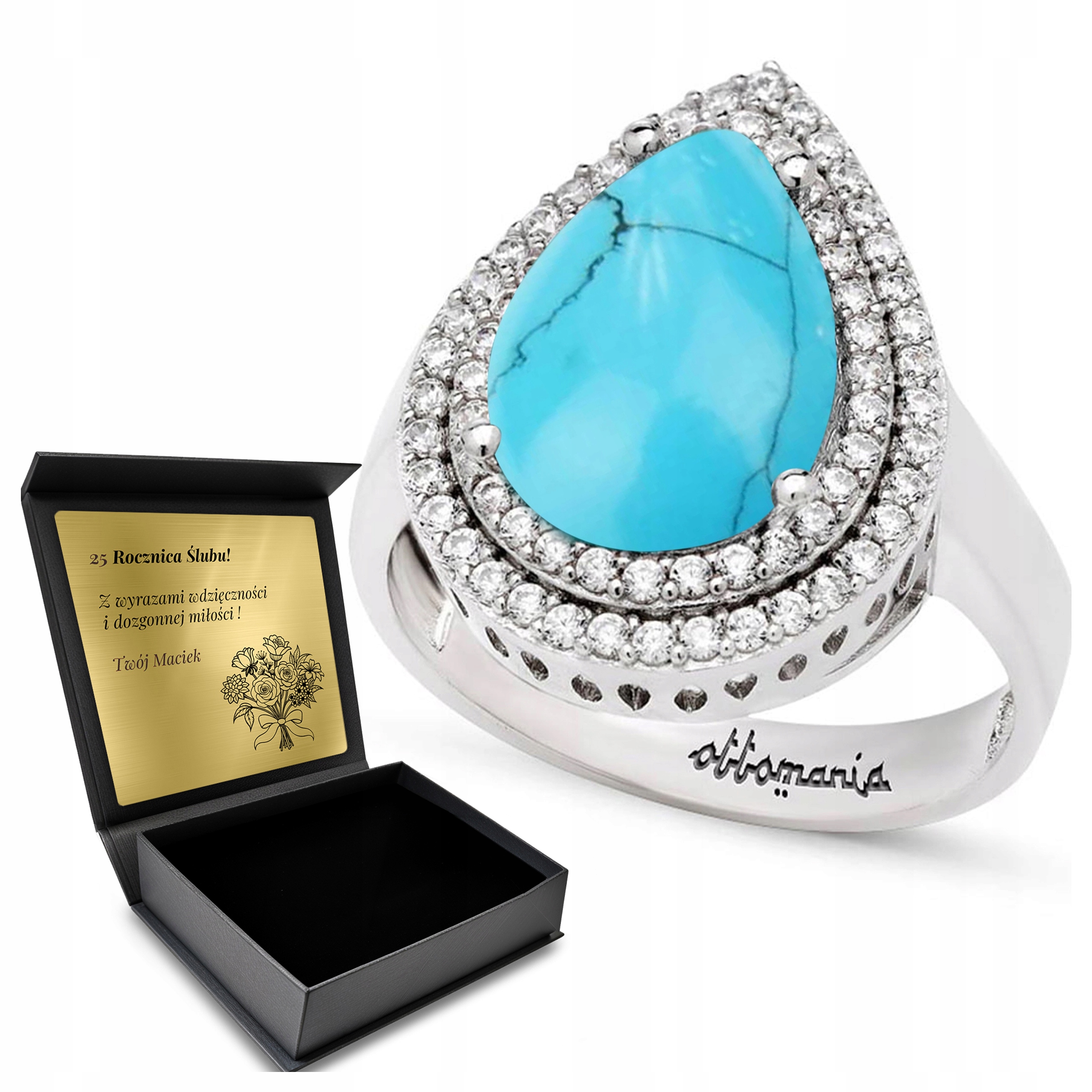 Prstýnek 925 Zirkony Turkus Dárek na Valentýna Gravírování