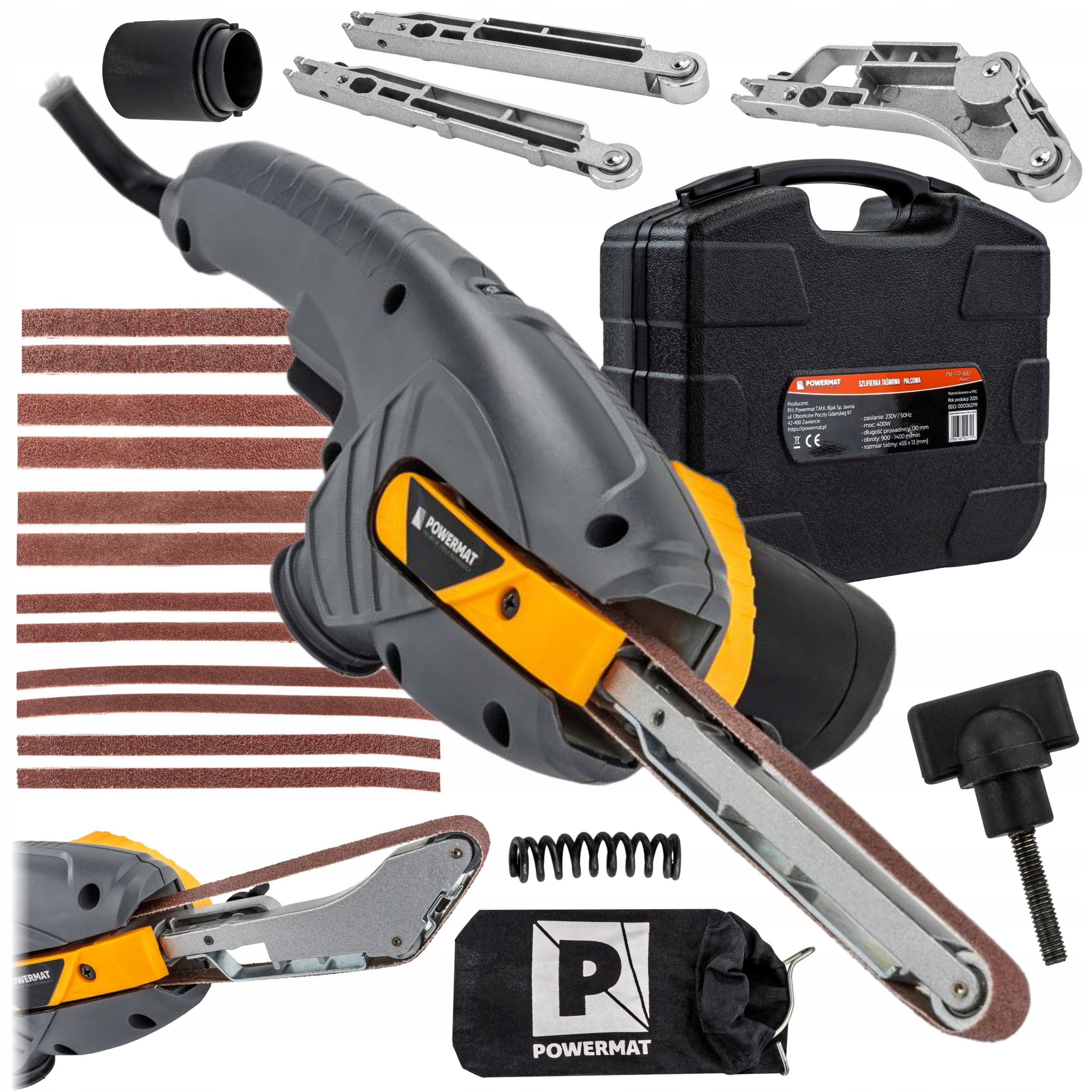 Set Pásová Bruska 400W Prstová 130mm 3 Vodítka Pásky Kufr