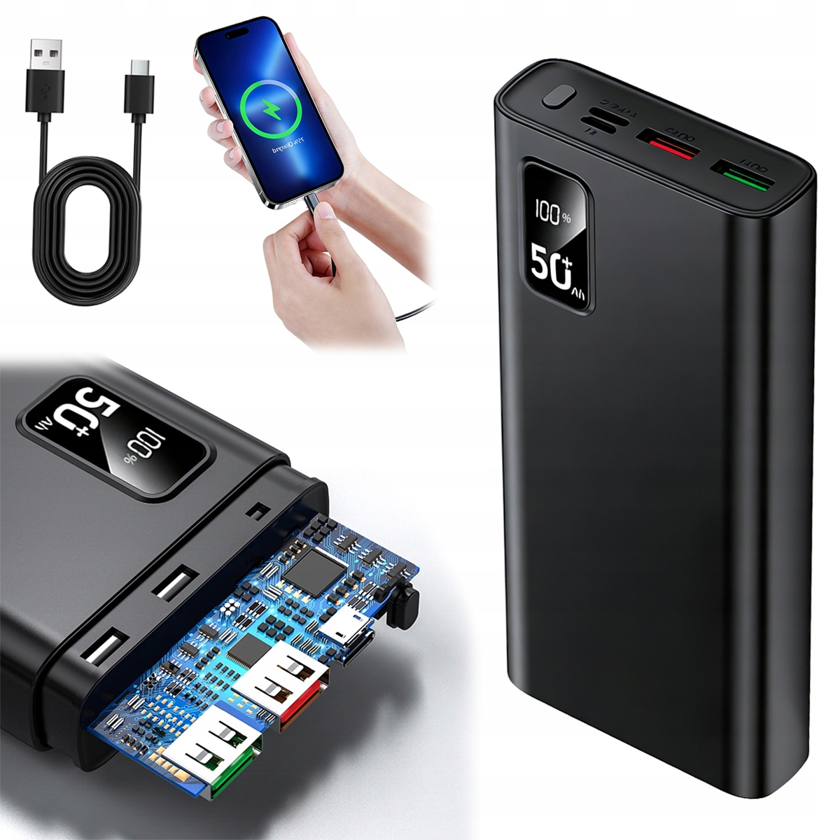 Mocny Powerbank Power Bank z kablami 50000mAh 3xUSB Usb-c Szybkie Ładowanie