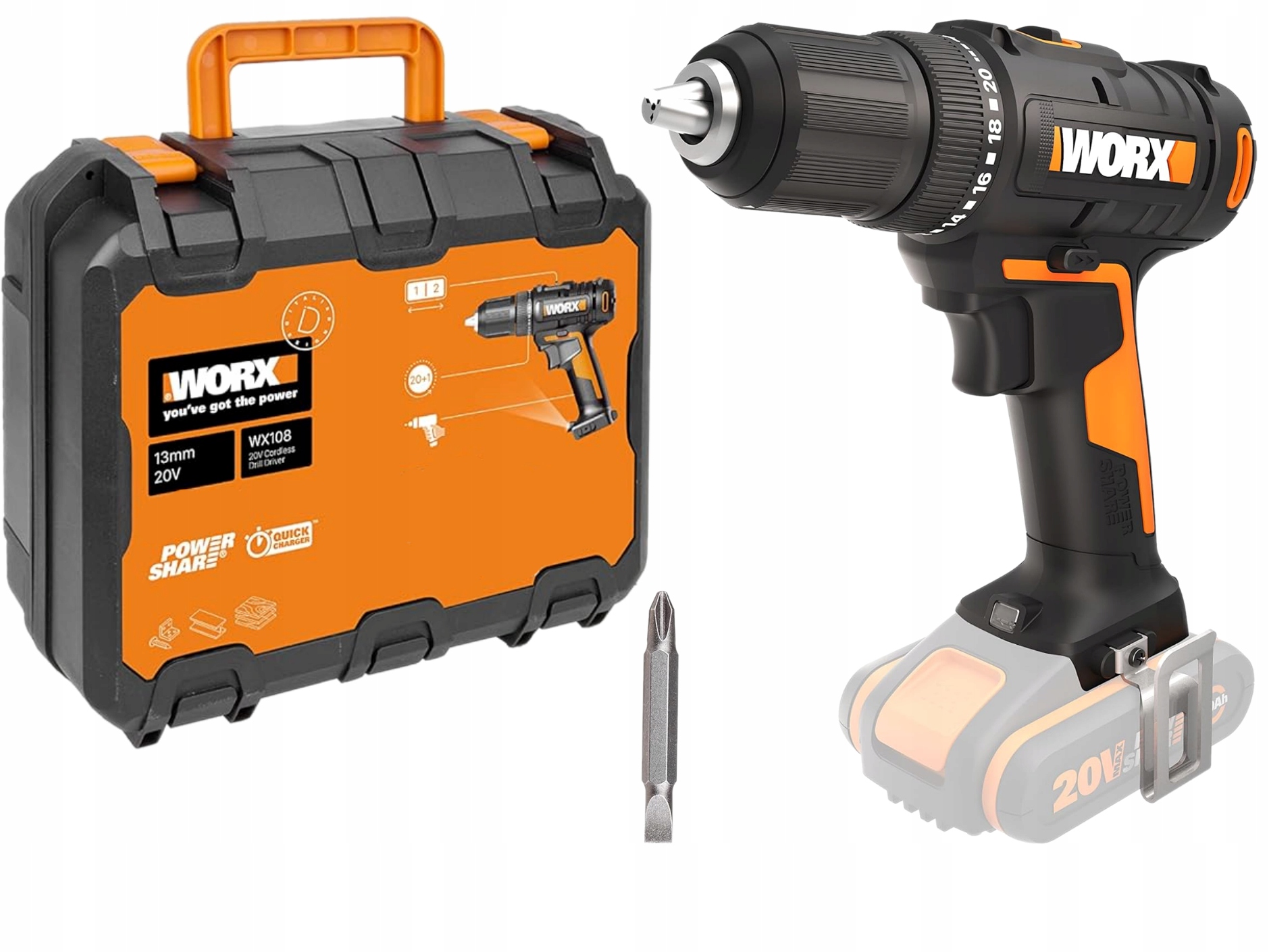 Wiertarko-wkrętarka akumulatorowa 20V Worx WX108.9 45 Nm Solo Walizka