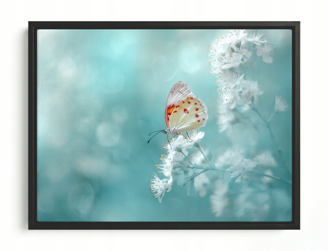 Obraz Rám Americký Box Jemný Motýl Bílé Květy Turkus Bokeh 80x60