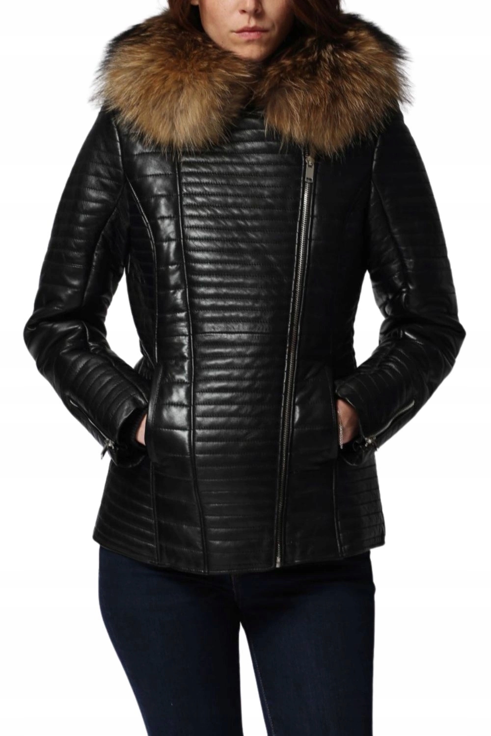 Dámská černá zateplená kožená bunda Chyston s kapucí vel.