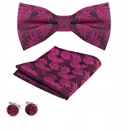Komplet mucha-muszka + poszetka +spinki-wzór LIŚCIE FUKSJA..87/B