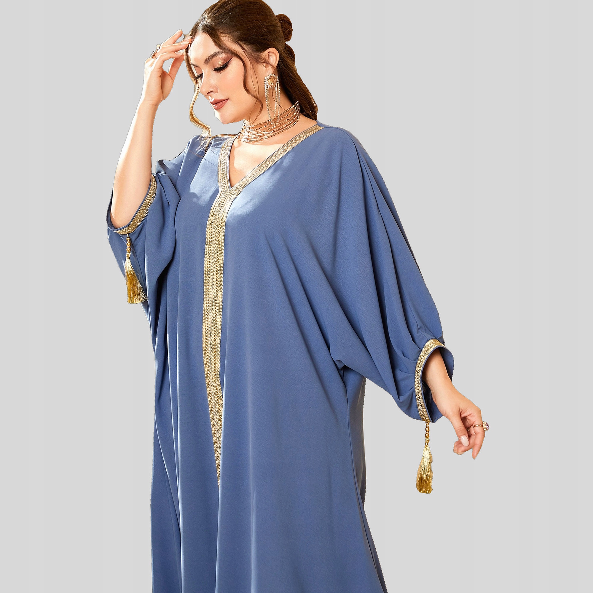 Šaty v arabském stylu se zlatými výšivkami, volná, Maxi Dusty Blue Shein 5XL