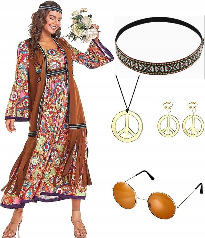 Strój Przebranie Damskie Hipis Lata 60 70 Retro Sukienka Opaska L