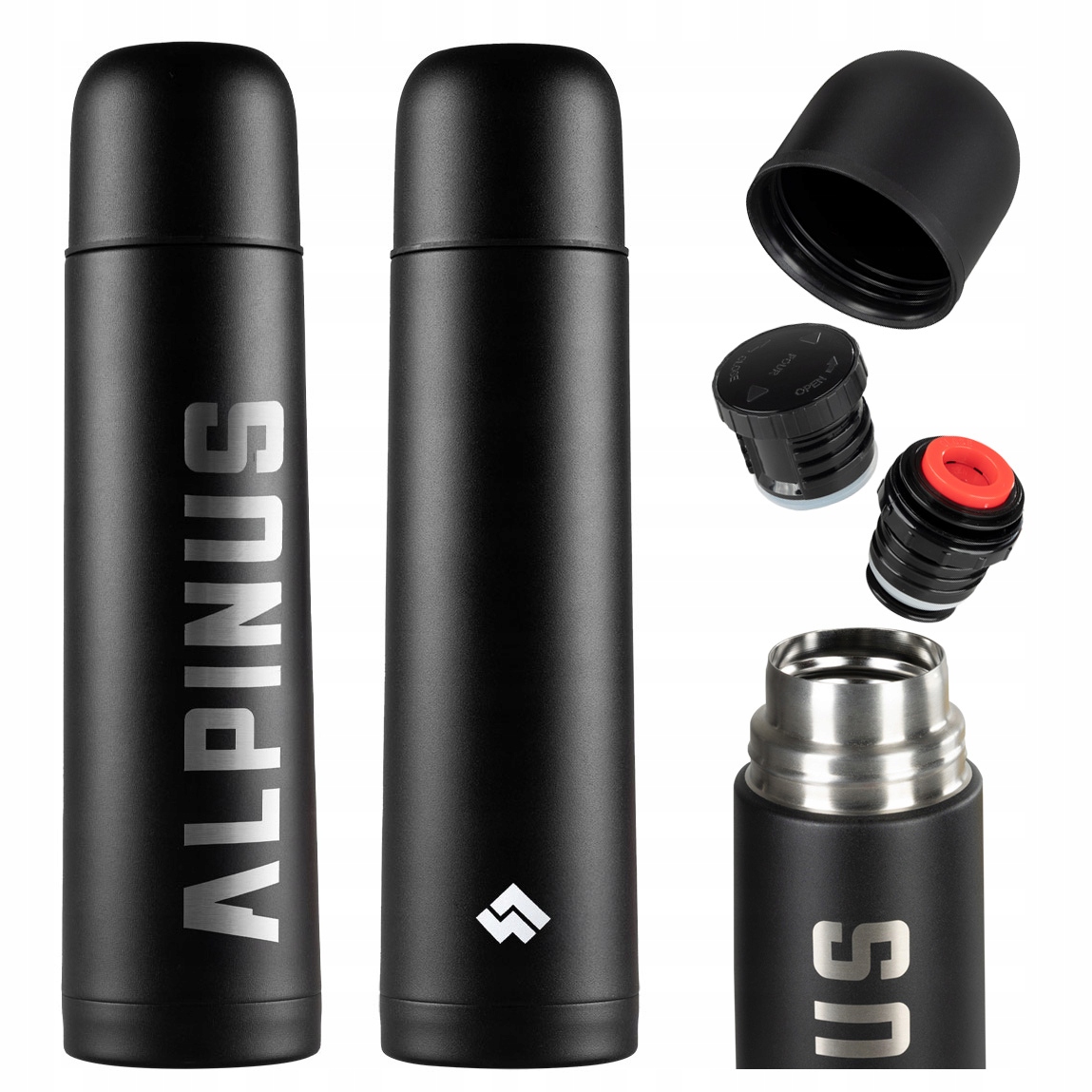 Termos próżniowy stalowy Alpinus Sahara 2 korki Bpa Free czarny 0,7L