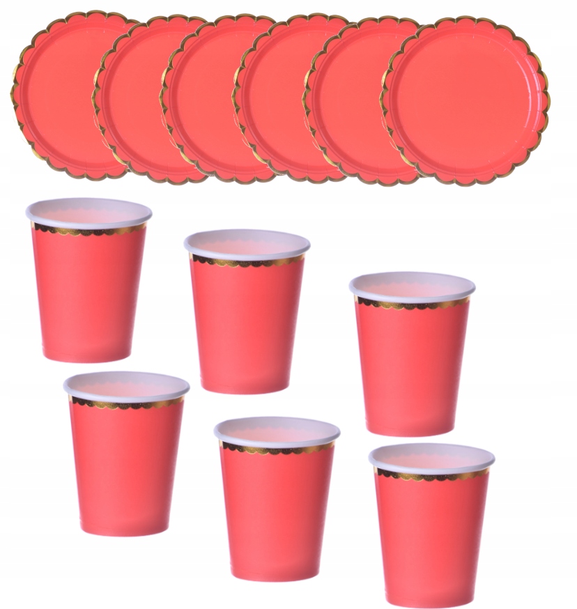 Zestaw urodzinowy kubki talerzyki czerwono złote