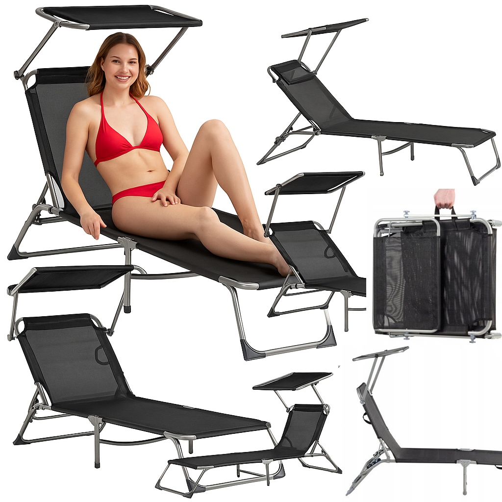 Leżak Leżanka Fotel Ogrodowy Z Daszkiem Plażowy Turystyczny Składany Łóżko