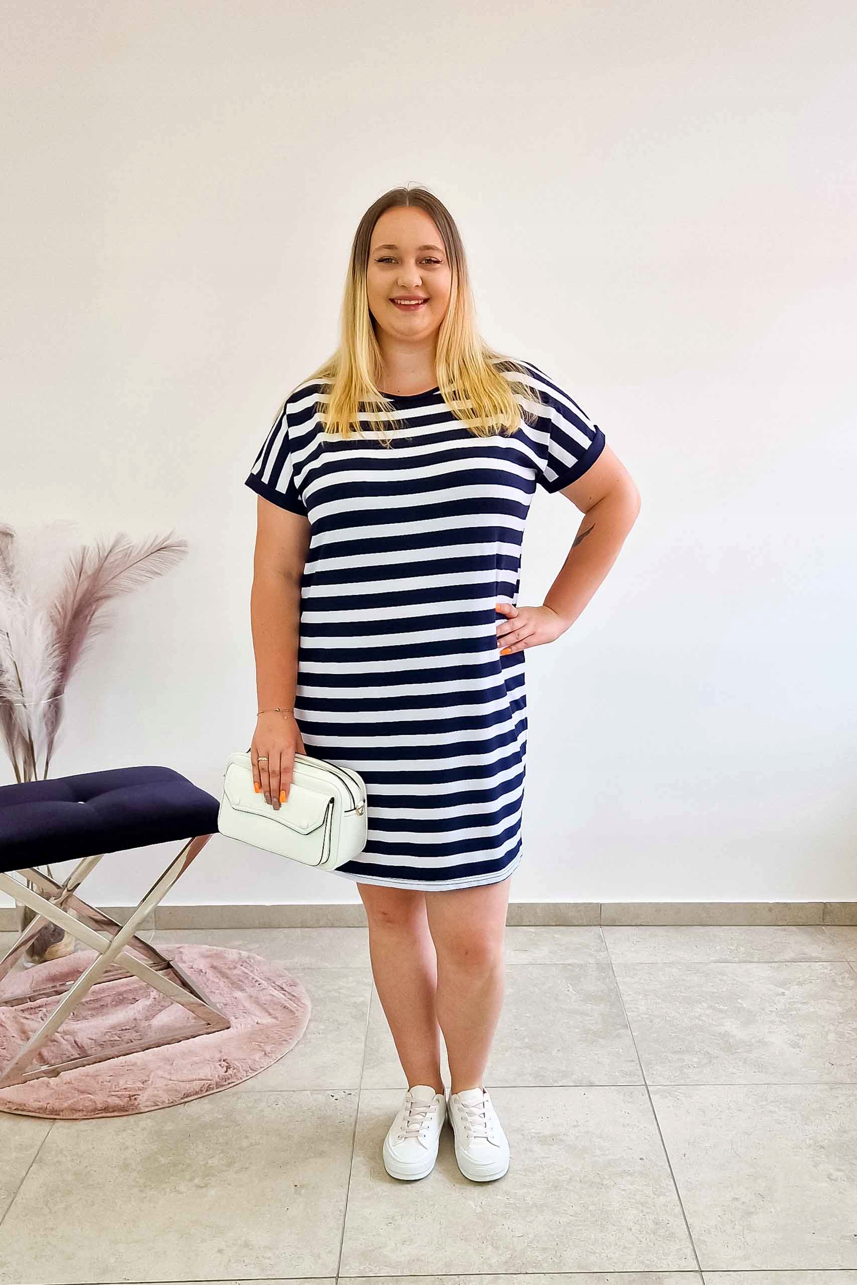 Šaty s Midi proužky a krátkým rukávem s proužky, modro-bílá, 2XL