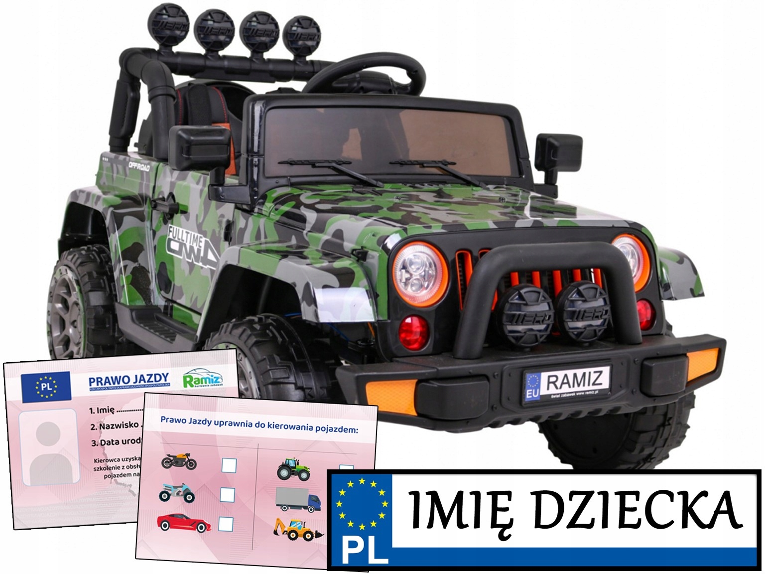 Auto Terenowe dla dzieci Full Time 4WD 4x4 bagażnik Personalizowana Tablica