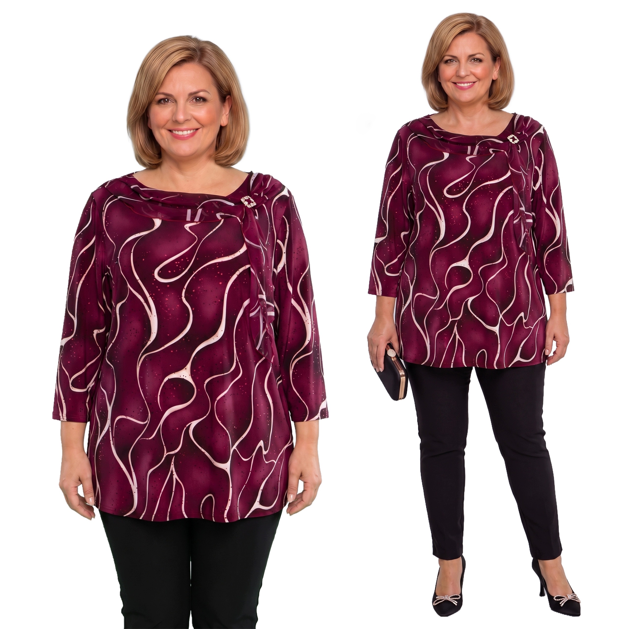 Bordó tunika s bílými vzory a broží plus size velikost 52