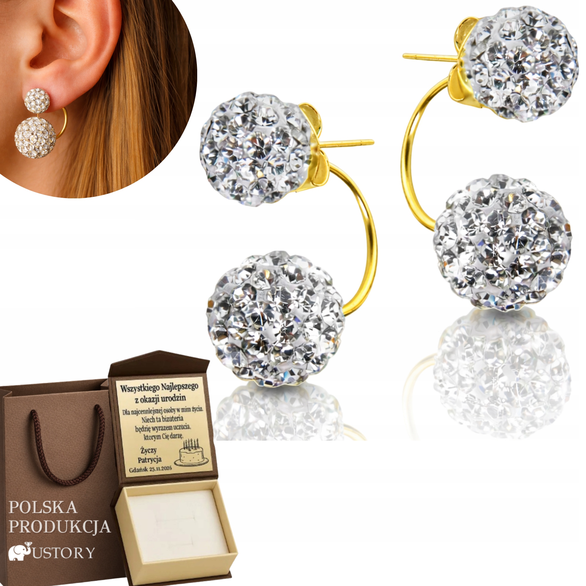 Zlaté Náušnice Za Ucho Kuličky Swarovski Pr 925 Dvojité Kuličky Zirkony