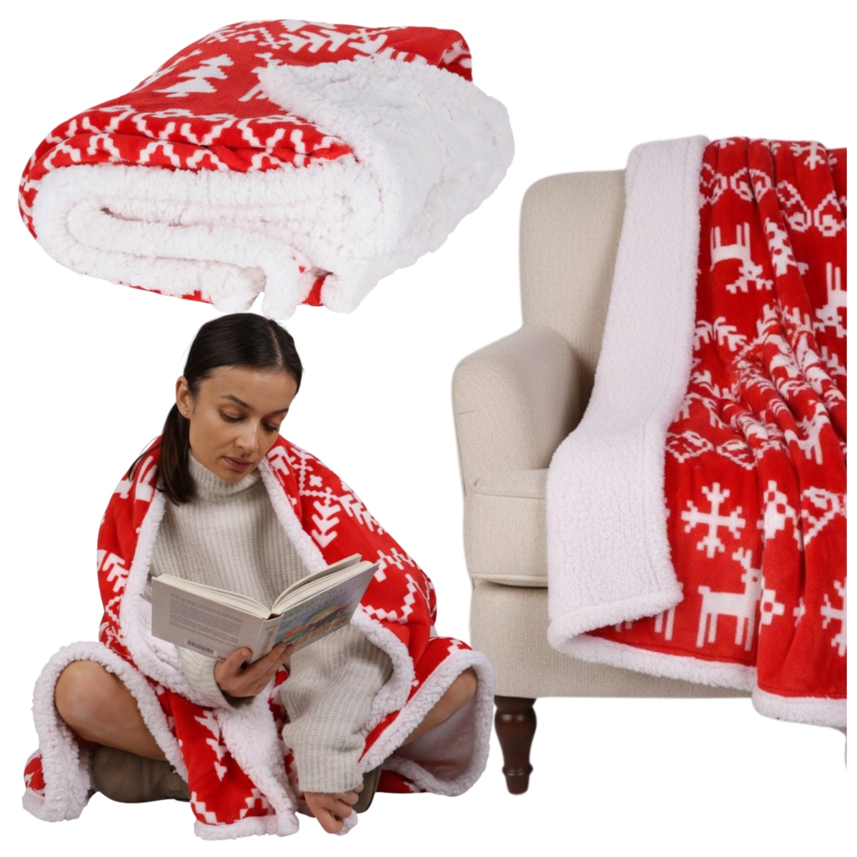 Vánoční deka oboustranná, měkká, teplá, silná na postel, nadýchaná, červená