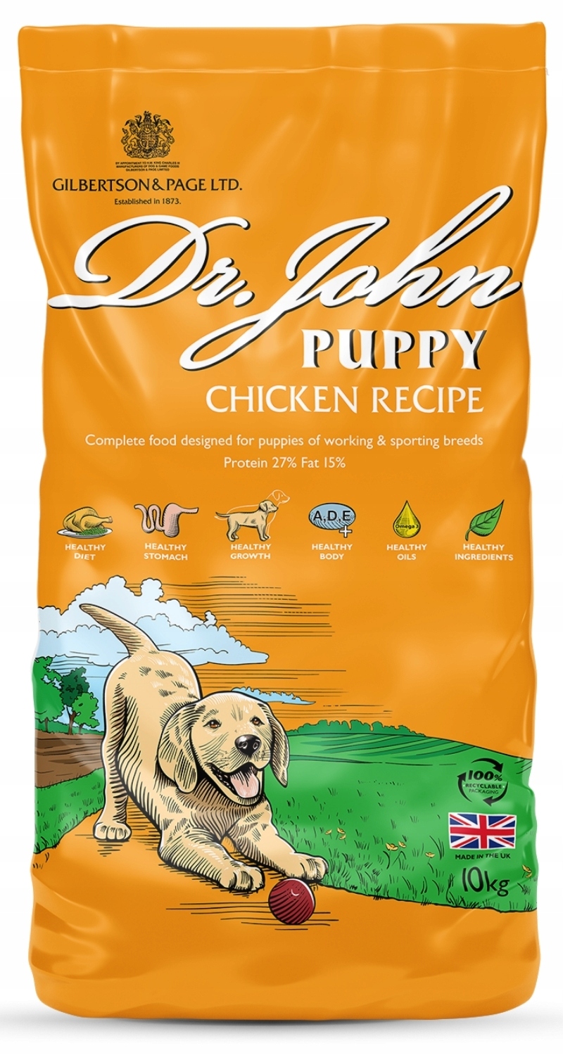 sucha karma dla szczeniąt z Uk Dr John Puppy Junior 10 kg 30% kurczaka Fos