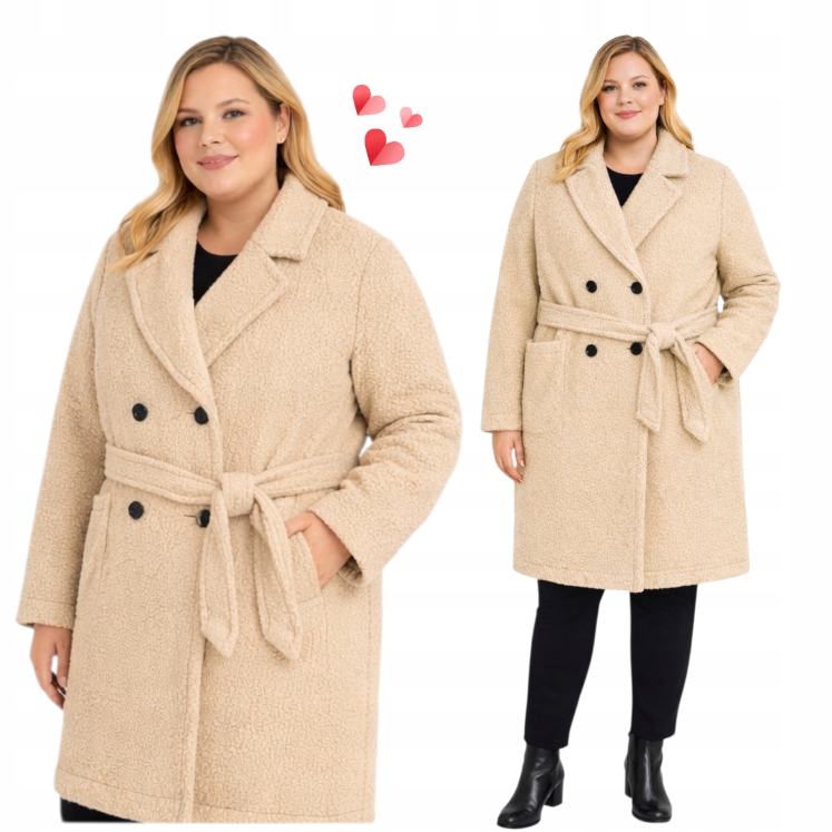 Dámský kabát bukla teddy Dvouřadý teplý s páskem béžový 48 50 4XL 5XL