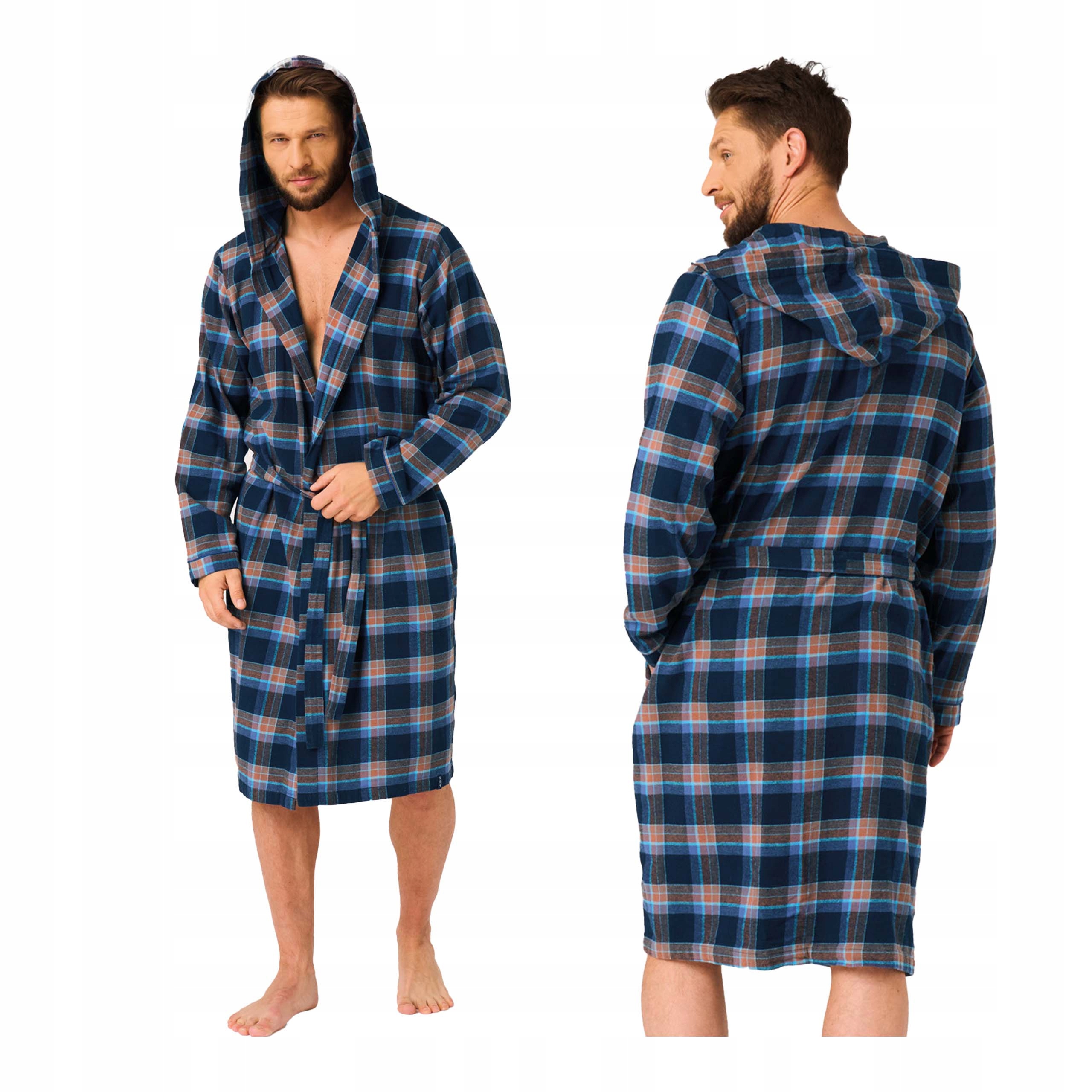 Pánský lehký celoroční kostkovaný župan z bavlněného flanelu Key M/L