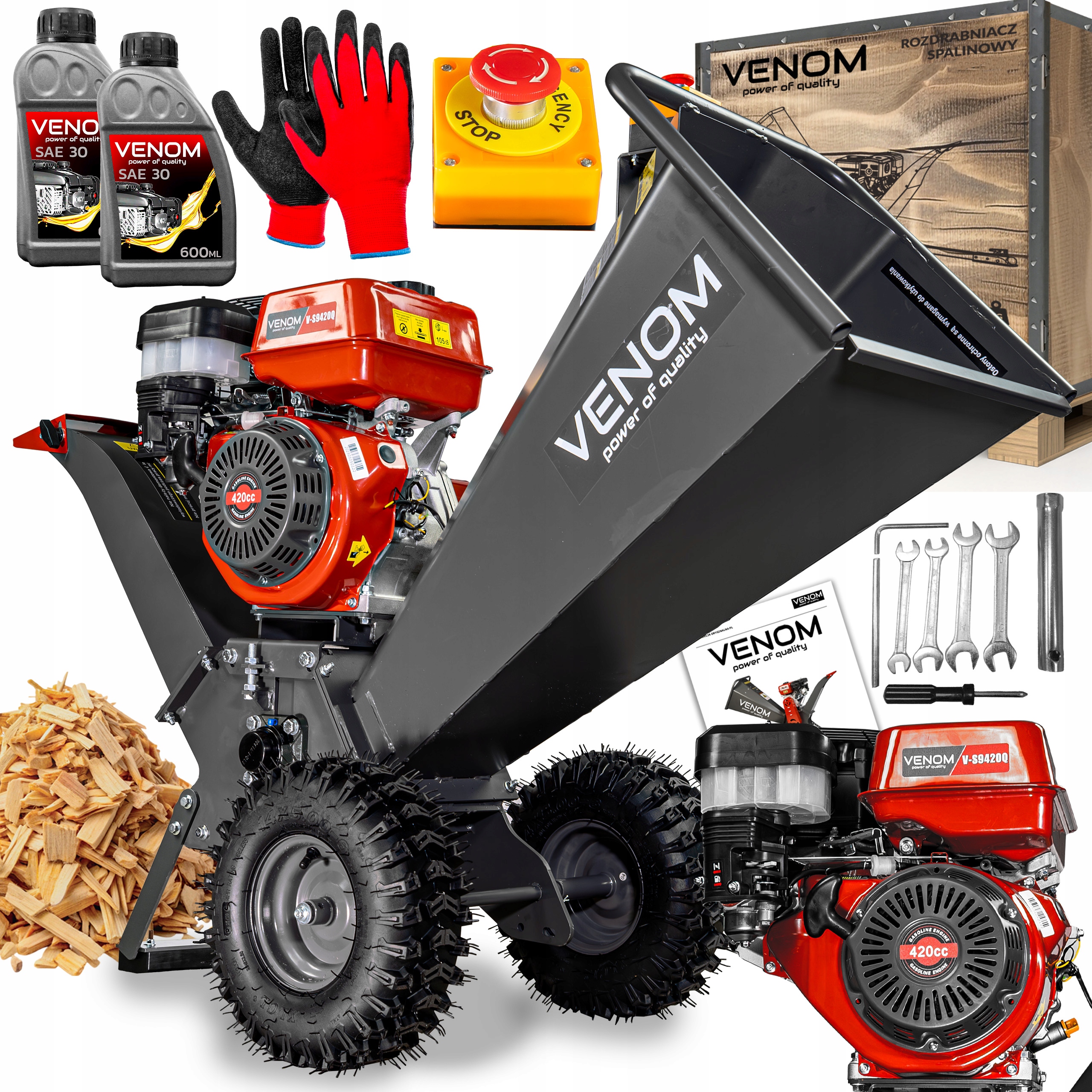 POTĘŻNY ROZDRABNIACZ SPALINOWY DO GAŁĘZI 120MM MOCNY SILNIK 420CC STABILNY