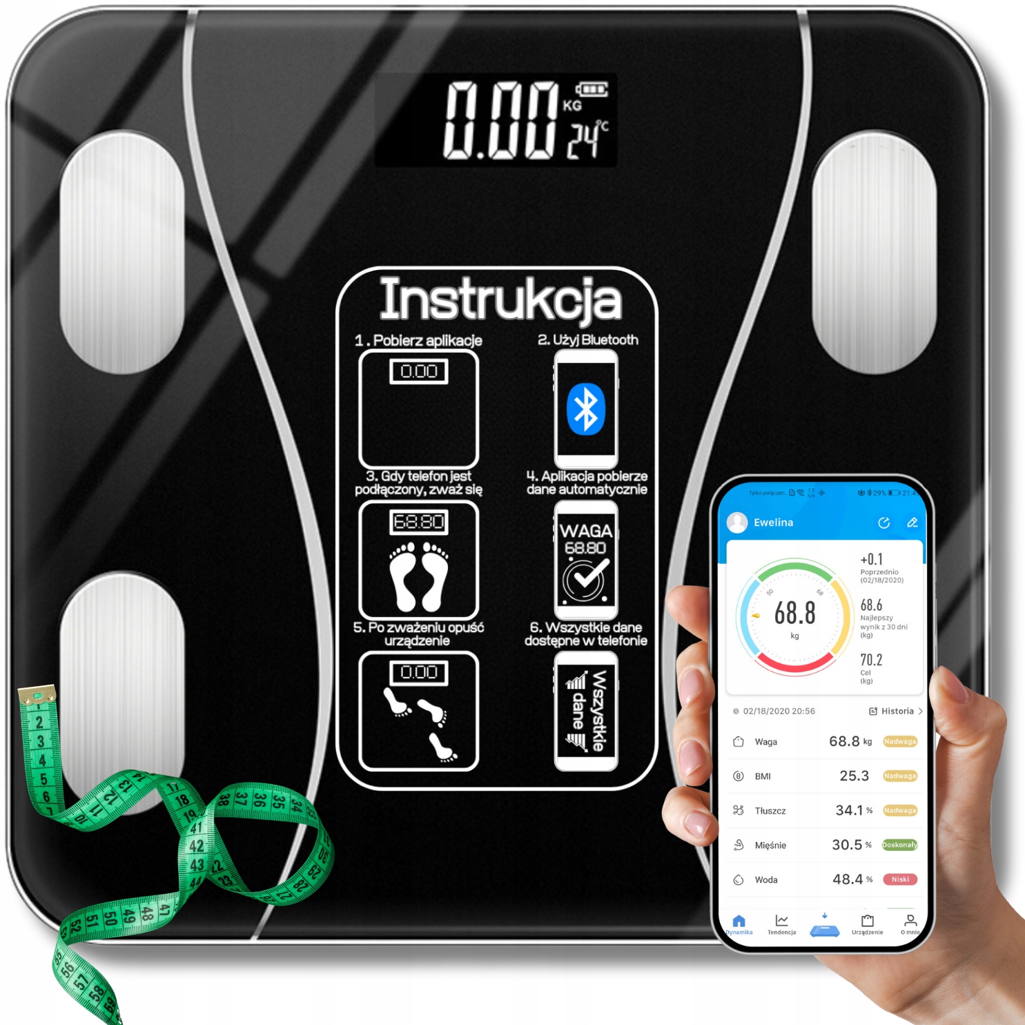 Waga Łazienkowa Analityczna Elektroniczna Smart+ Aplikacja Bmi 180KG Slim
