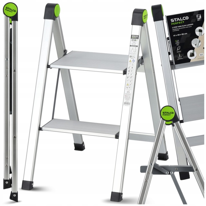 Skládací Žebřík Hliníkový 2 Stupně Žebřík Lehký 150 kg Mini Slim Stalco