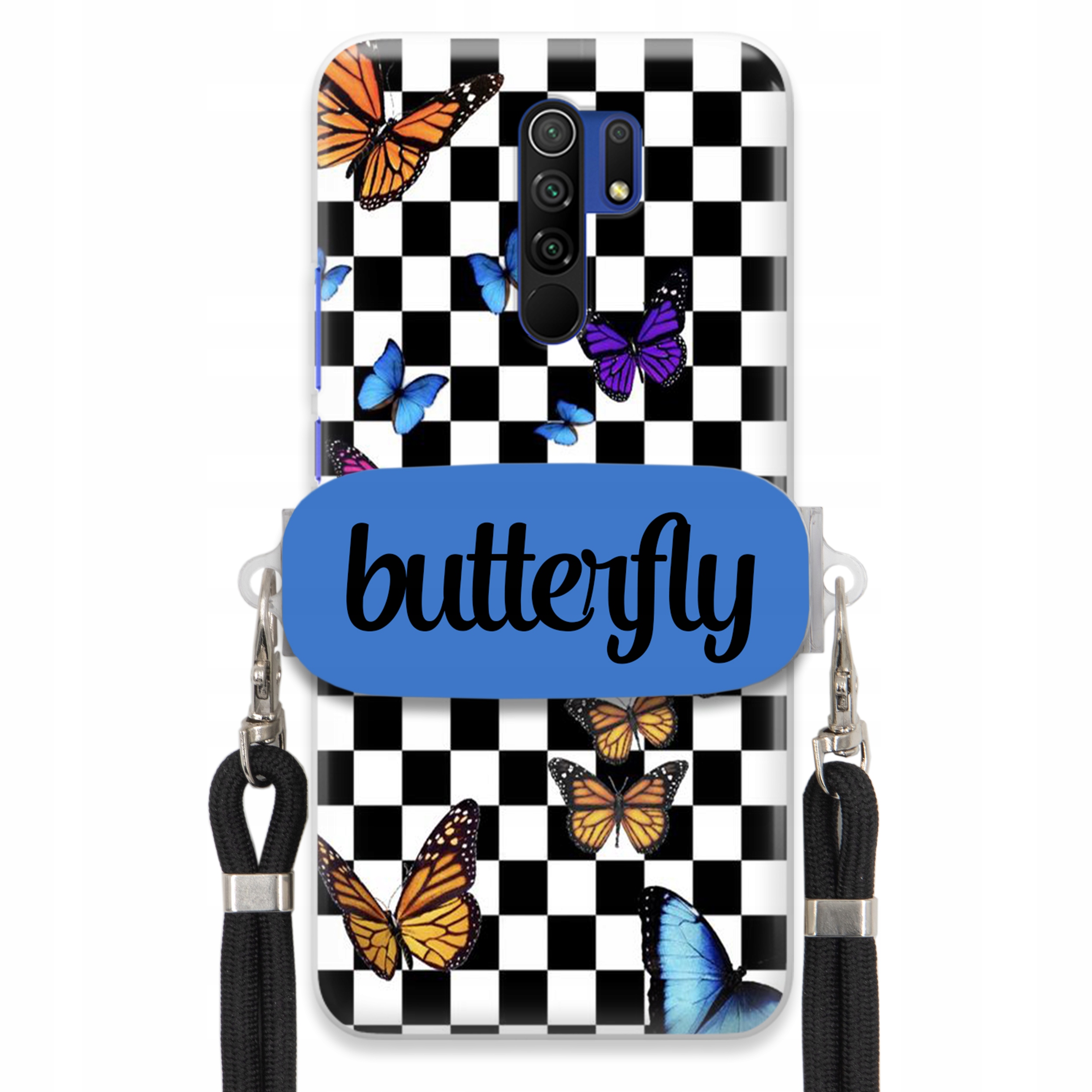 Pouzdro Pro Xiaomi Redmi 9 Case Obdélníkový Držák Černé Vodítko Butterfly Motýli