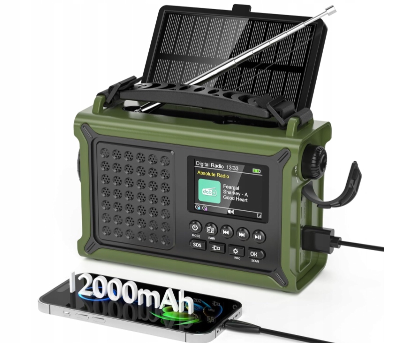 Rádio s klikou Dab/dab+/fm s baterií 12000 mAh a solárním panelem.