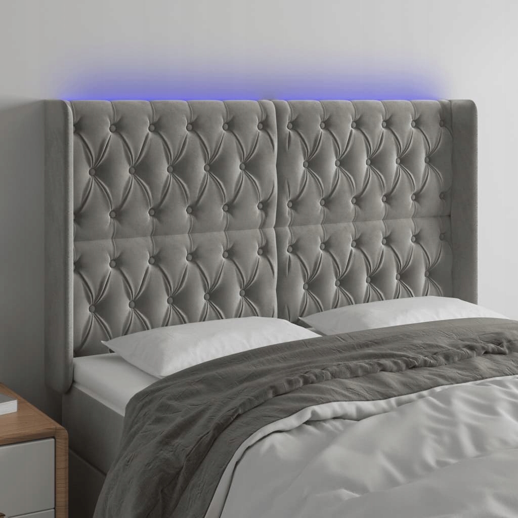 Opěrka hlavy k posteli s Led, světle šedá, 147x16x118/128 cm, samet