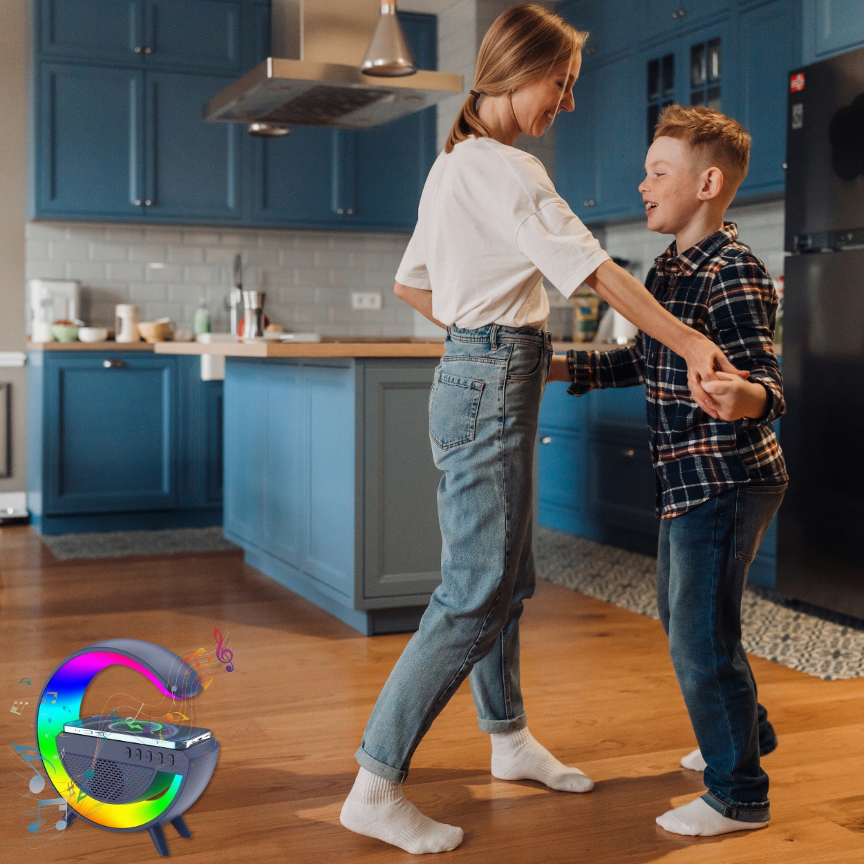 GŁOŚNIK MOBILNY PRZENOŚNY BEZPRZEWODOWE ŁADOWANIE BLUETOOTH LAMPKA RGB Szerokość produktu 15.5 cm