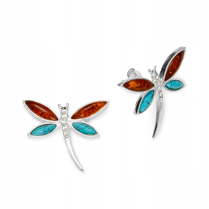 Stříbrné Náušnice Vážky S Tyrkysou A Jantarovou