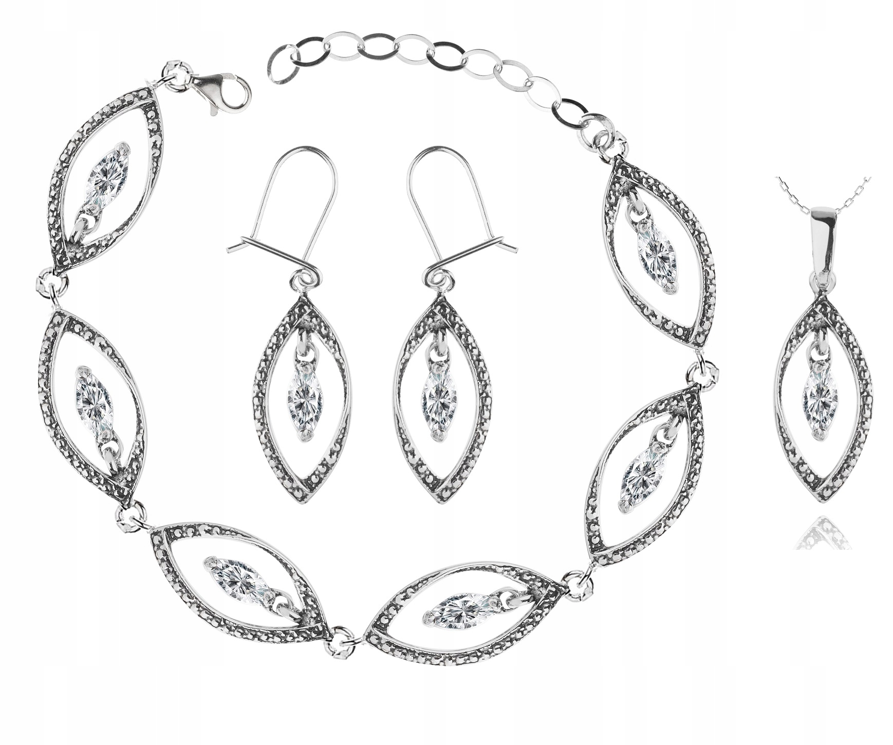 

Srebrny Postarzany Komplet Biżuterii Z Cyrkoniami