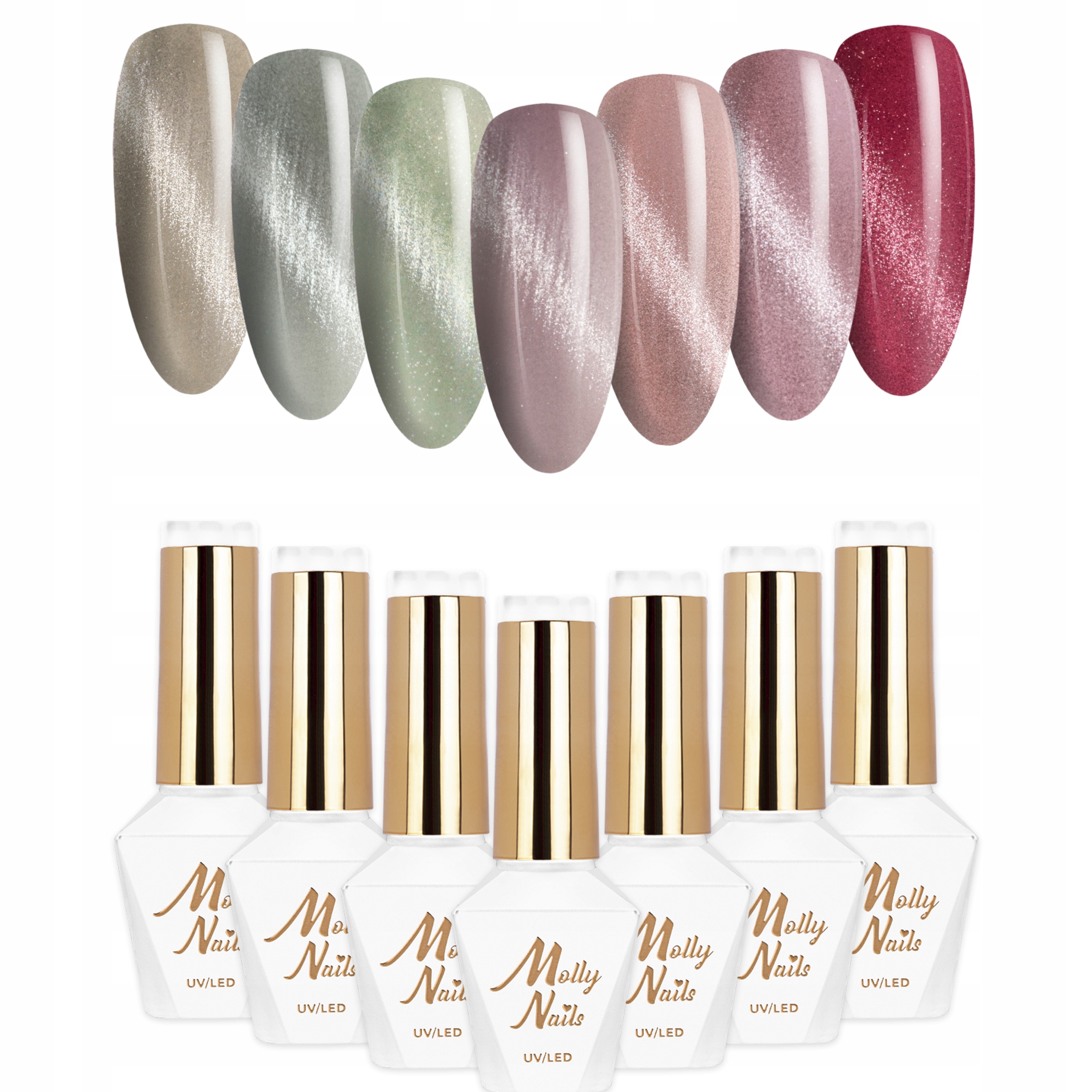 7x Hybridní lak Mollynails 8g Cat Eye Crystal Water Set 7v1