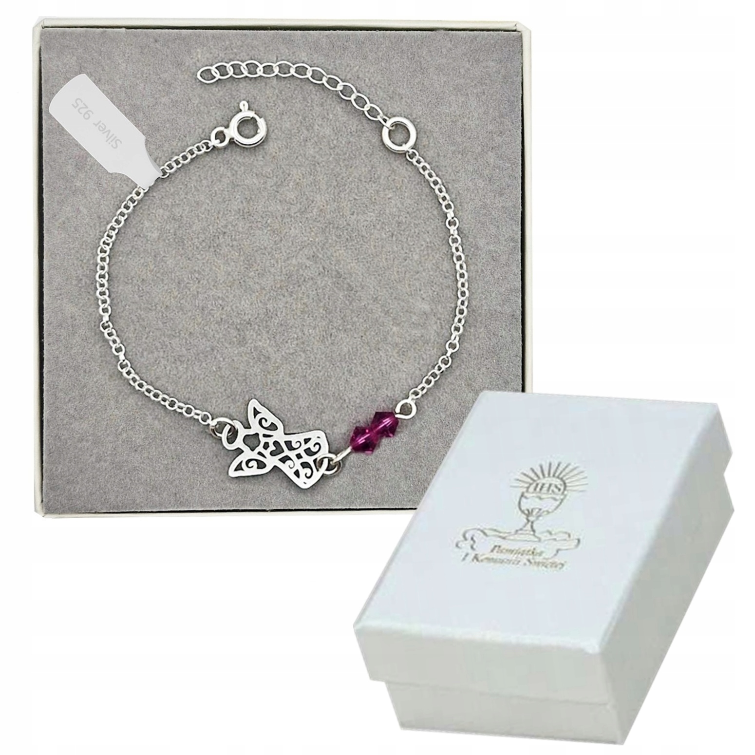 BRANSOLETKA SREBRNA DZIECIĘCA ANIOŁEK AŻUROWY KR SWAROVSKI SREBRO 925