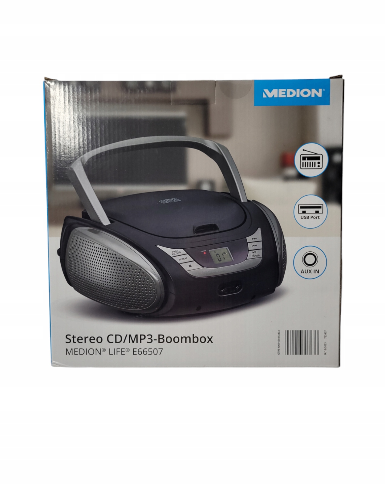 BOOMBOX PRZENOŚNE RADIO FM CD MP3 USB AUX IN WYJŚCIE SŁUCHAWKOWE Kolor wielokolorowy