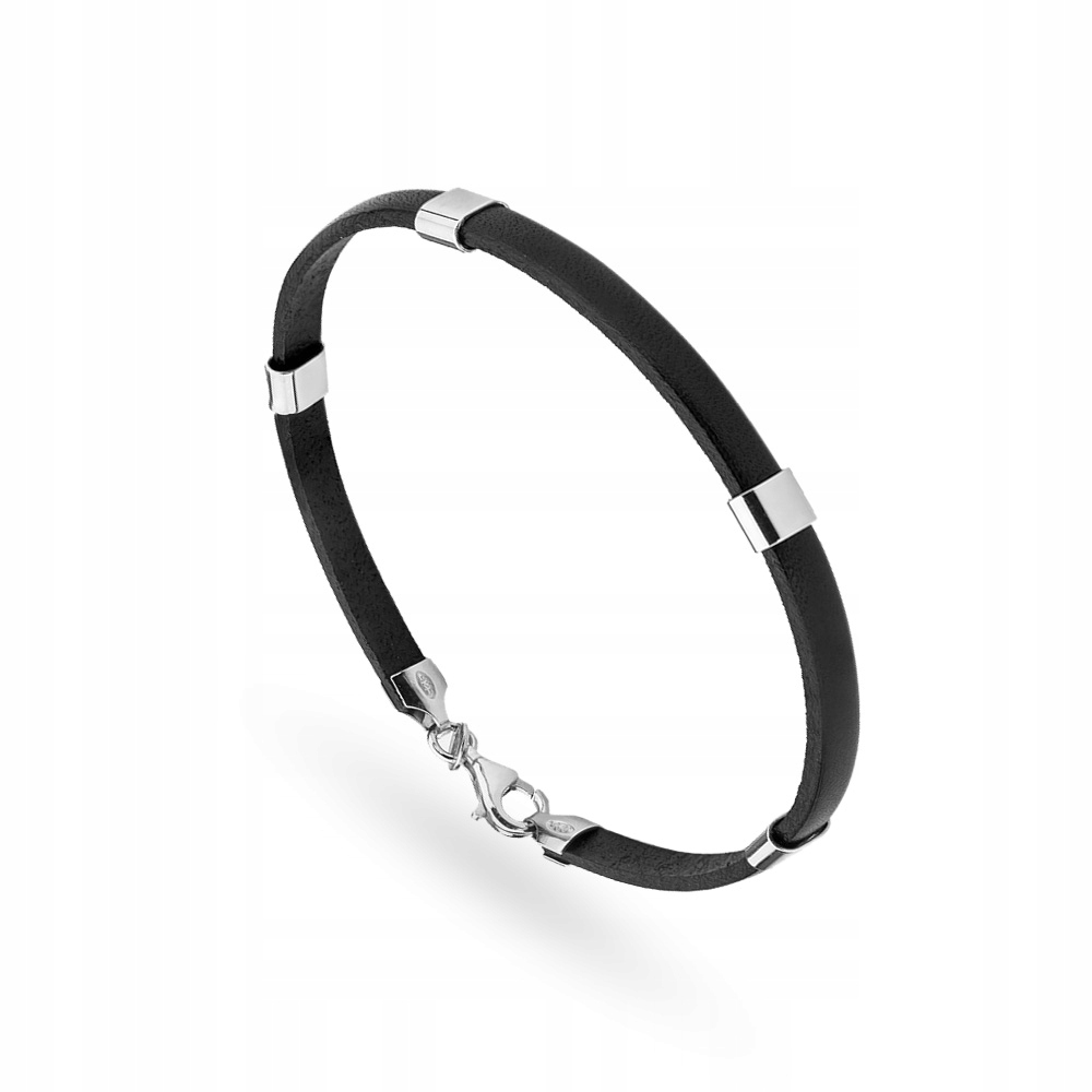 Černý Elegantní Kožený Pánský Náramek ryzost 925 s plechy Krabička