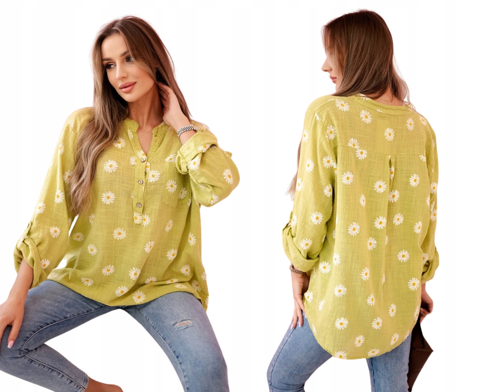 Kiwi lniana damska bluzka w kwiaty z długim rękawem i guzikami