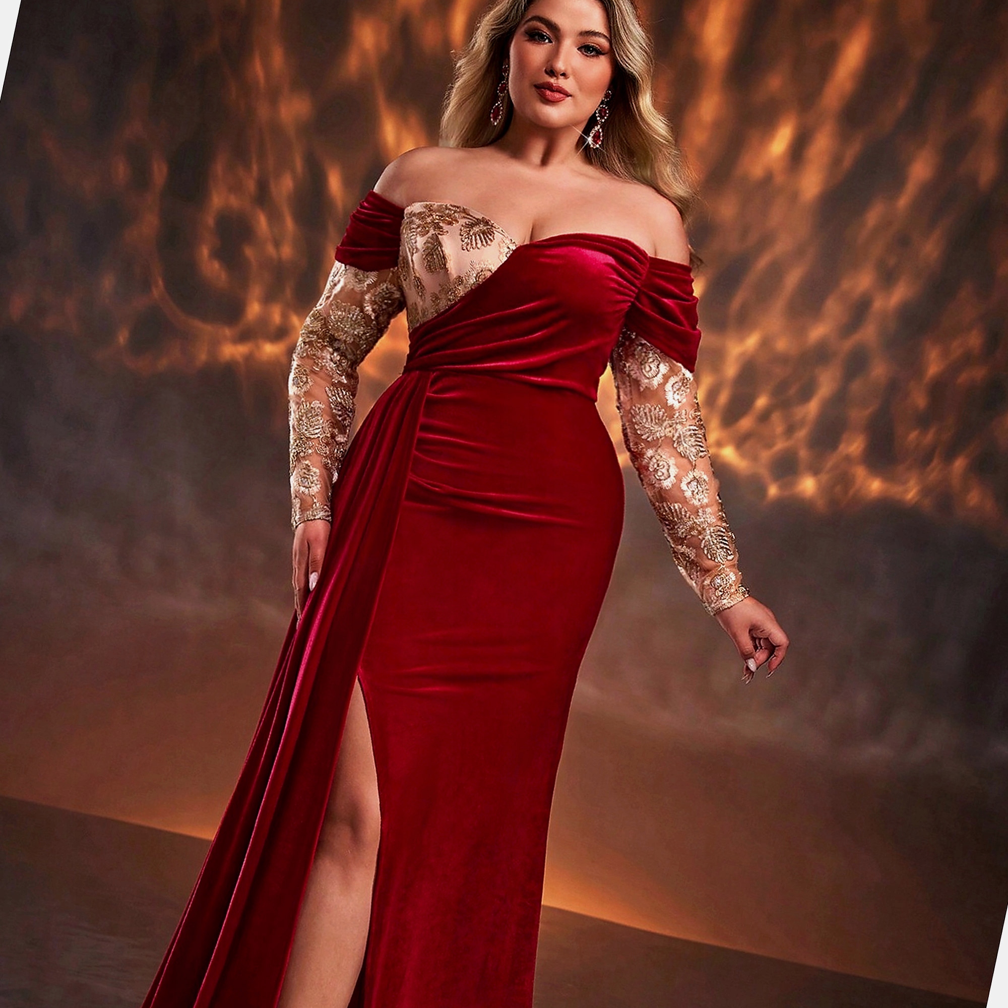 Šaty s odhalenými rameny, sametové s ozdobami, XXL