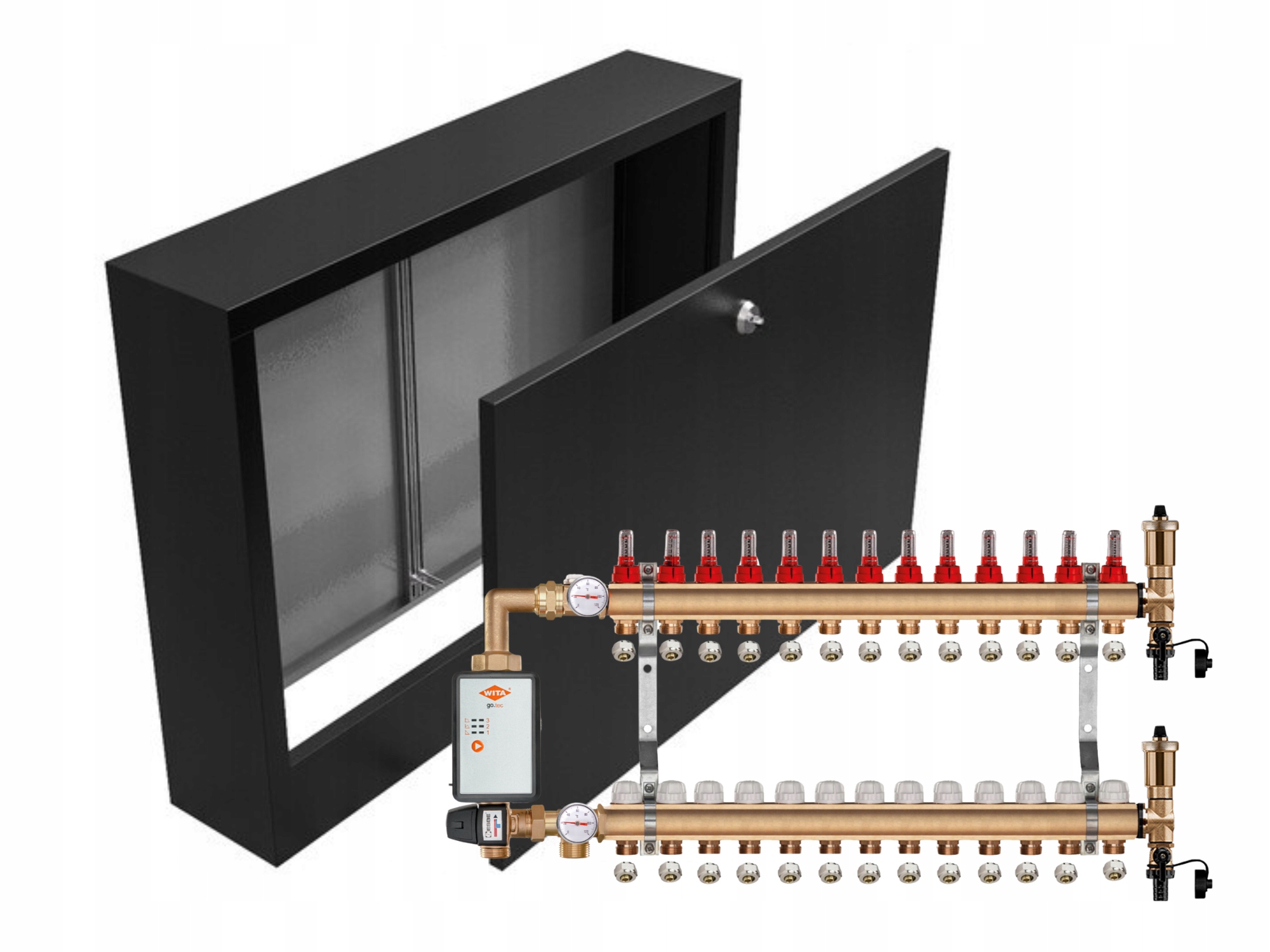 Mosazný Rozdělovač Podlahovky 13+ČERPADLO Vítá+nástěnná Skříňka Černá+pex