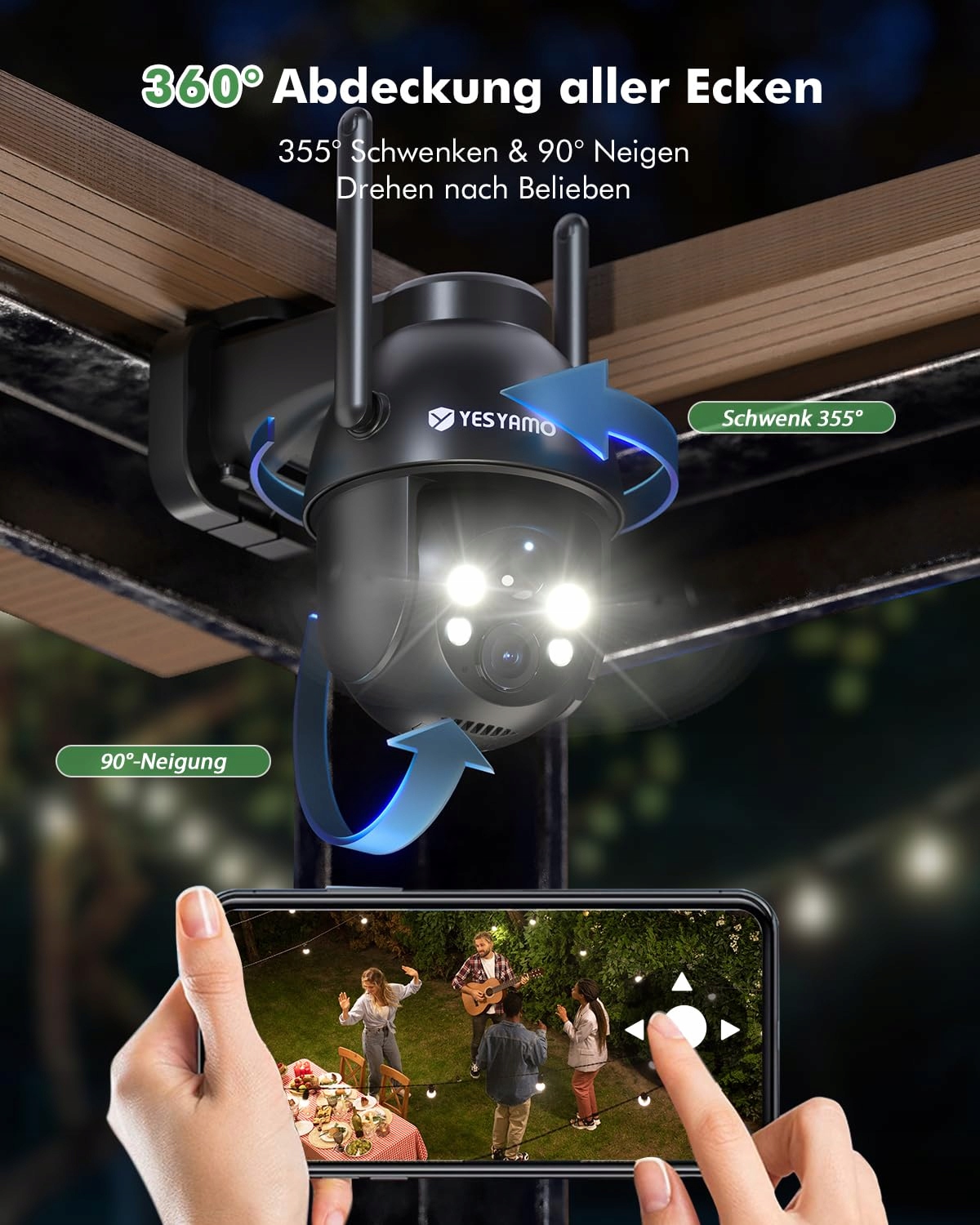 YESYAMO Kamera Zewnętrzna 2K 355°/90° Pan Tilt WLAN Farbnachtsicht — miniatura 3