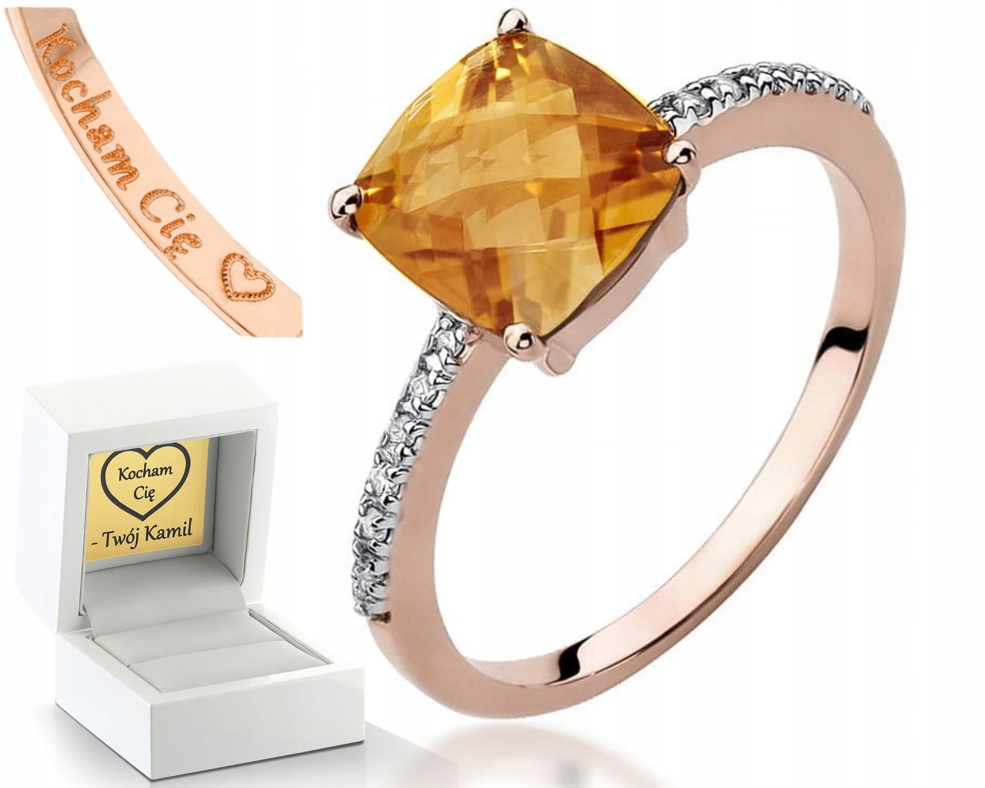 Růžové Zlato Prstýnek Citron Diamanty Gravírování 585 Bonus Dárek