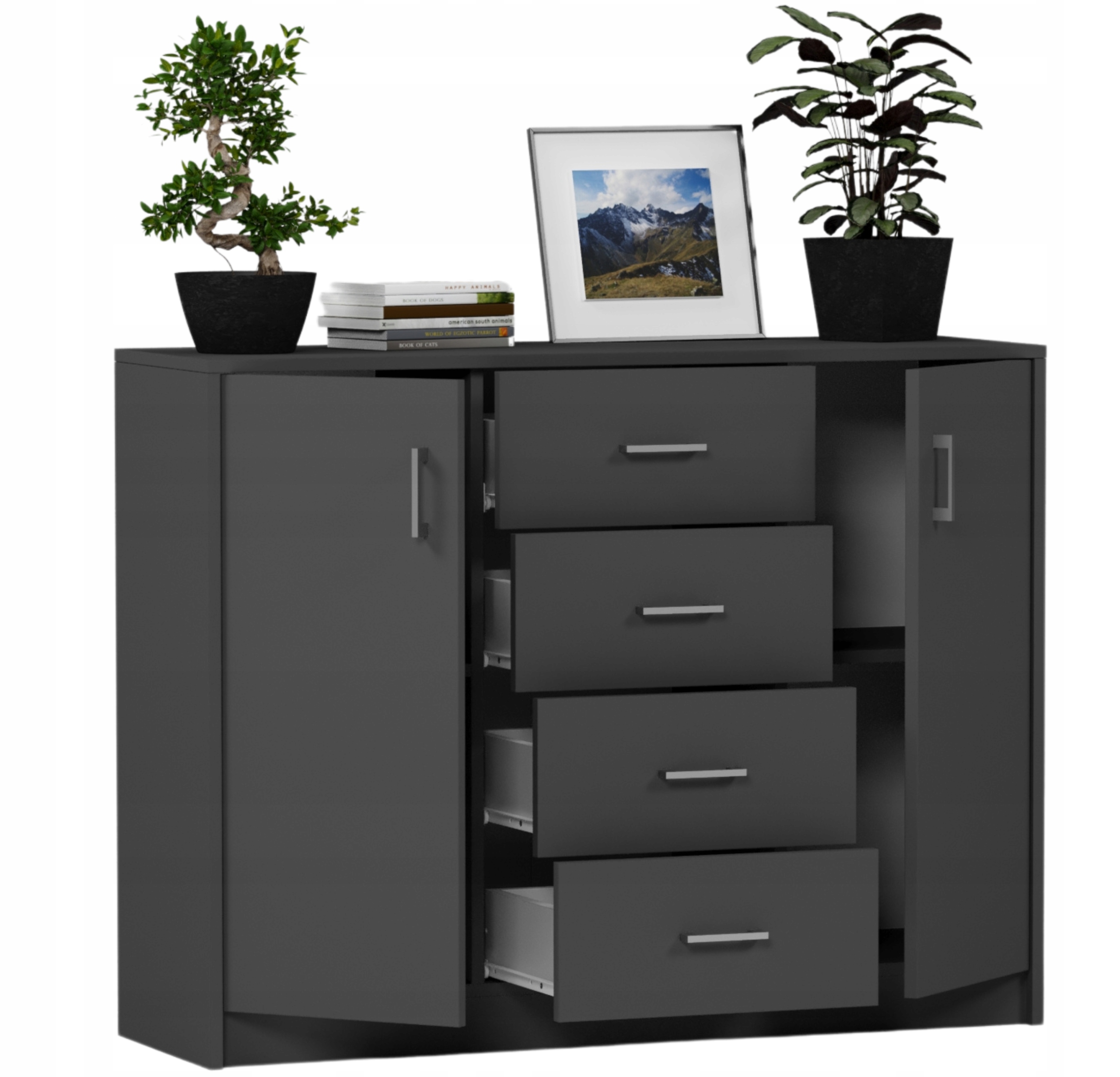 KOMODA 110CM SZAFKA 4 SZUFLADY 2 PÓŁKI Antracyt U1