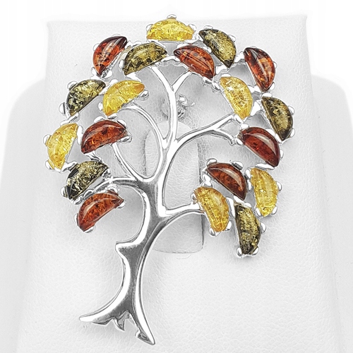 Stříbrná Velká Brož stromek štěstí s Jantarem stříbro ag 925 Přívěsek