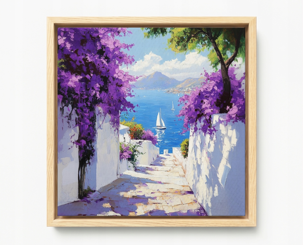 Obraz Rám Americký Box Řecko Santorini Ulička Moře Květiny Pohled 80x80