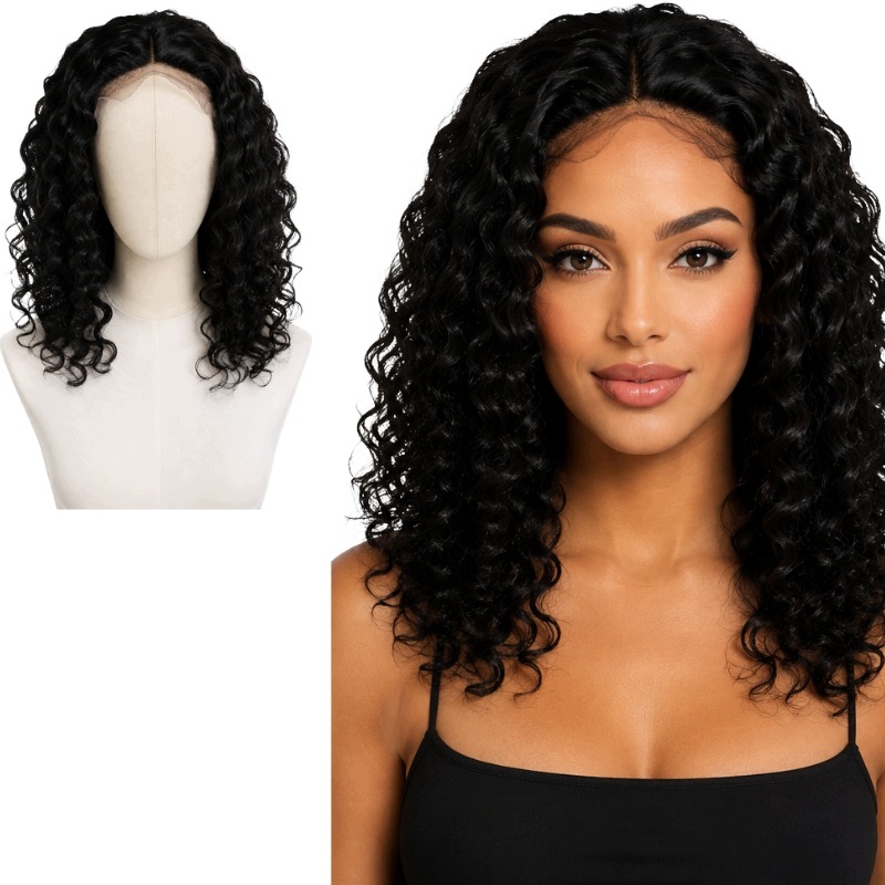 Peruka Lace Front czarna kręcona damska 52 cm naturalny przedziałek cosplay