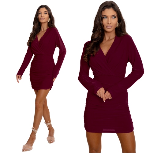 Sukienka Mini Marszczona Przekładany Dekolt Bordowa