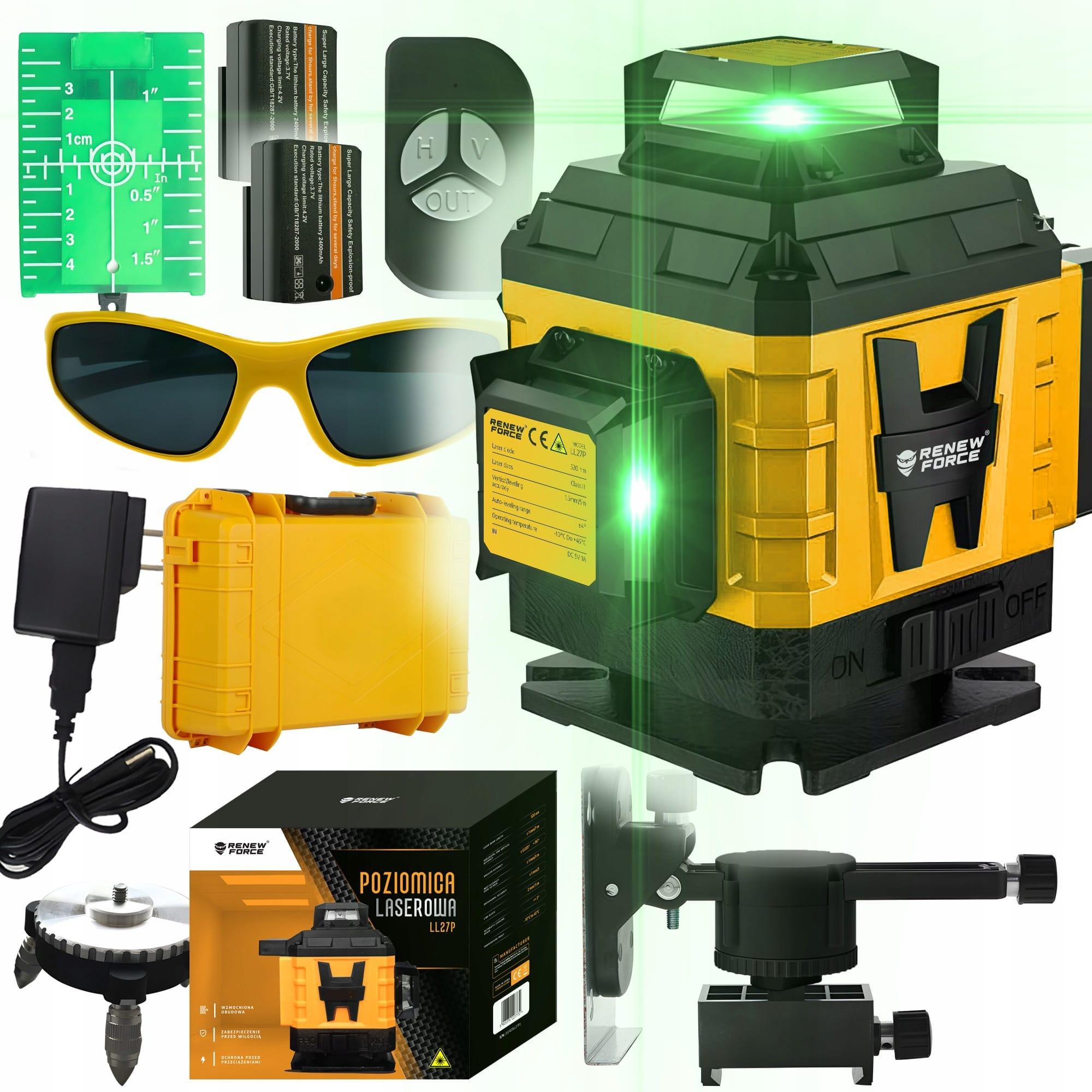 Accu. Laser krzyżowy 360° z zieloną wiązką, 16 linii, wyświetlacz LCD, 2x akumulator 2400mAh model LL27P do prac budowlanych
