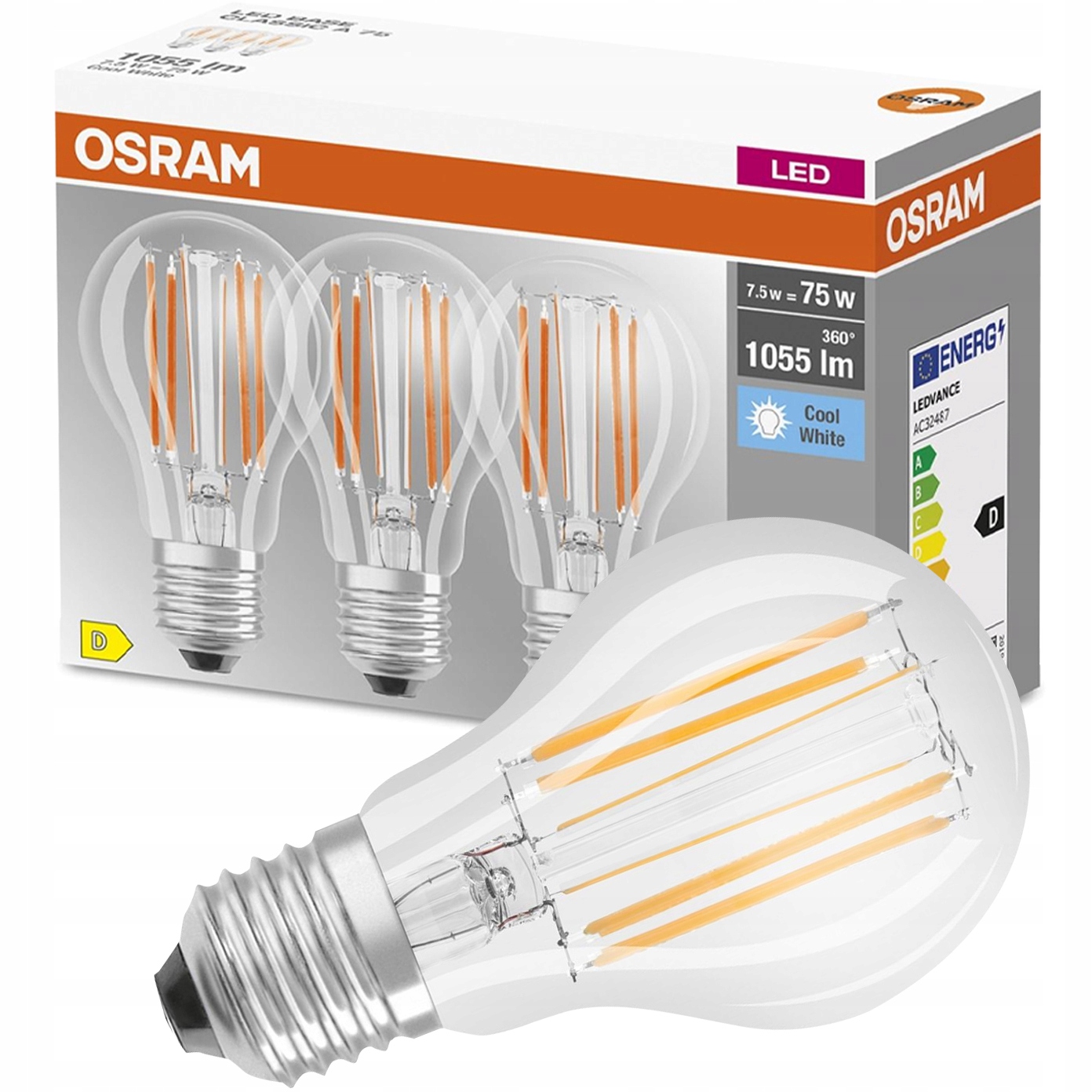 

3x Żarówka Led E27 7,5W 75W 4000K Filament Osram